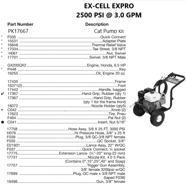 EX-CELL model EXPRO2530 power washer parts